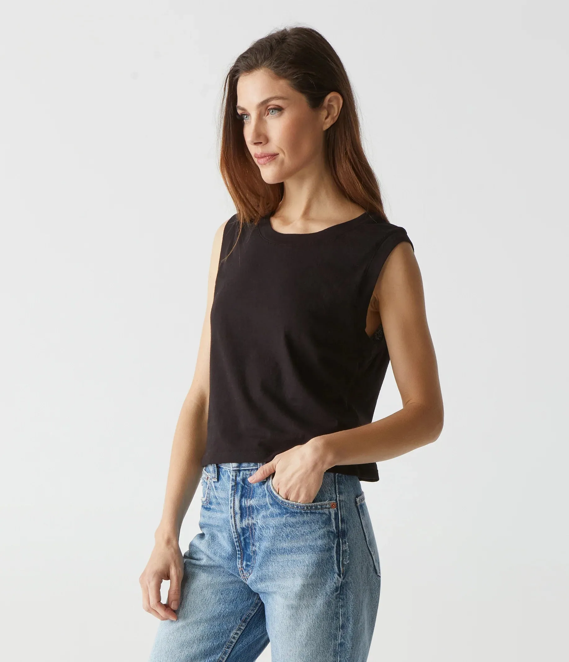 Johnnie Cropped Crew Neck Tank w Rib Trim