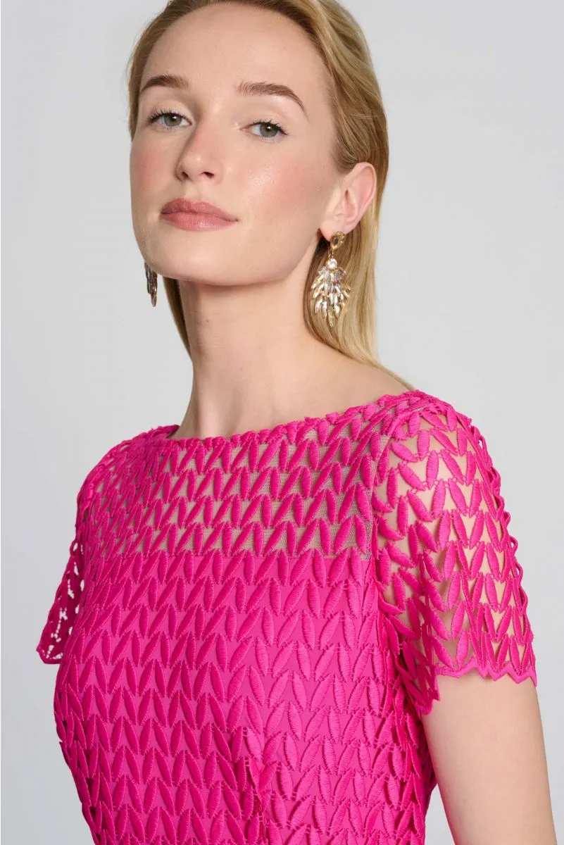 Joseph Ribkoff Shocking Pink Short Sleeve Lace Party Midi Trumpet Dress 242704