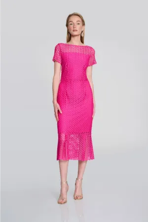Joseph Ribkoff Shocking Pink Short Sleeve Lace Party Midi Trumpet Dress 242704