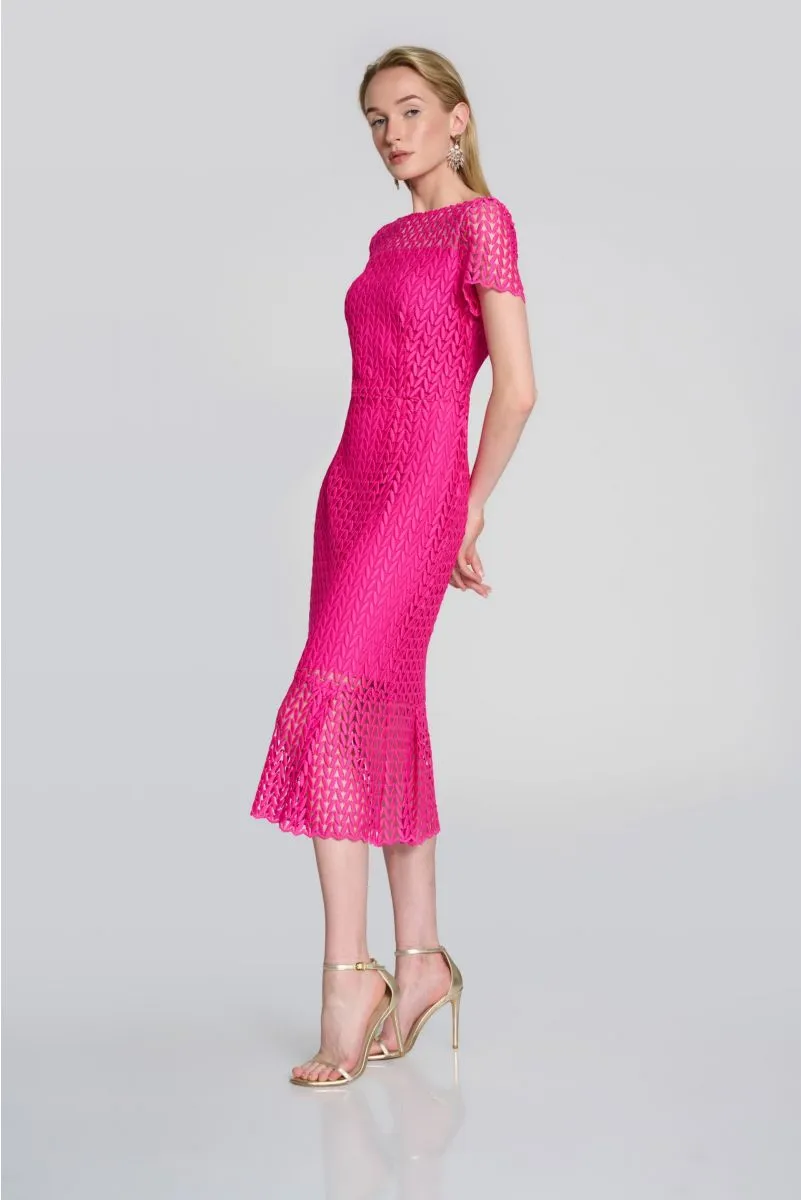 Joseph Ribkoff Shocking Pink Short Sleeve Lace Party Midi Trumpet Dress 242704