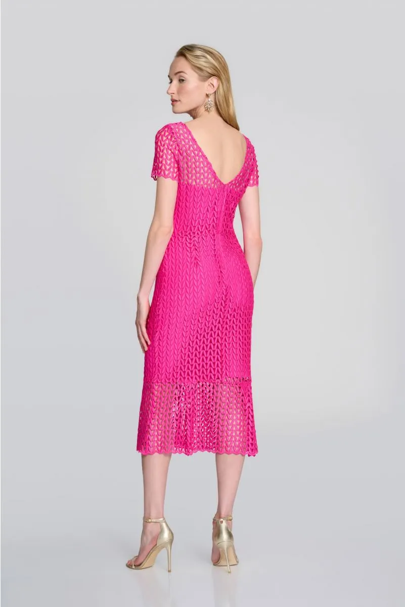 Joseph Ribkoff Shocking Pink Short Sleeve Lace Party Midi Trumpet Dress 242704