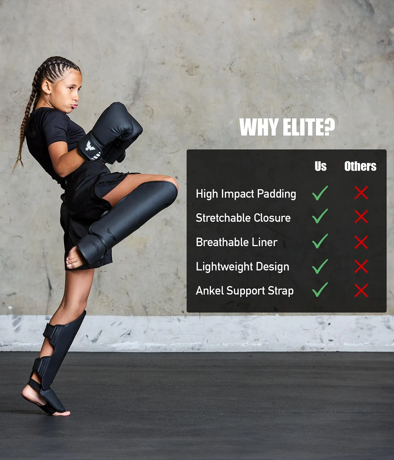 Kids' Plain Black Boxing Shin Guards : 7 to 10 Years