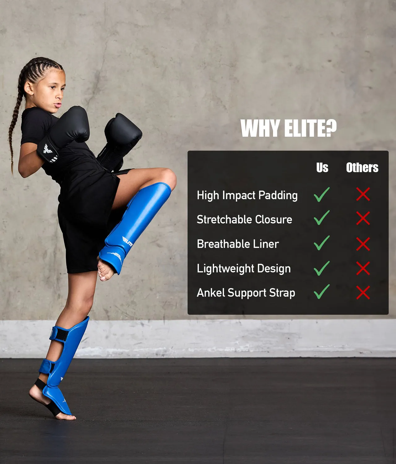 Kids' Plain Blue Boxing Shin Guards : 7 to 10 Years