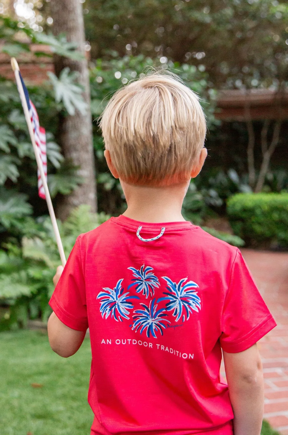 Kids Pro Performance Short Sleeve Fishing T-shirt in Watermelon Red with 4th of July Fireworks