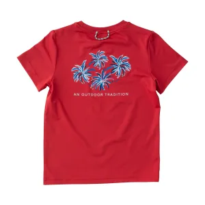 Kids Pro Performance Short Sleeve Fishing T-shirt in Watermelon Red with 4th of July Fireworks