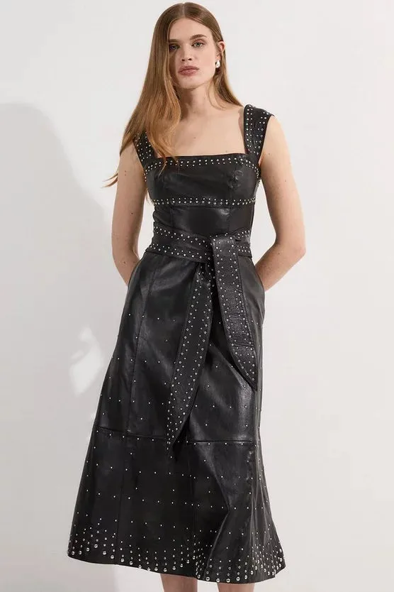 Leather Small Studs Strappy Full Midi Dress