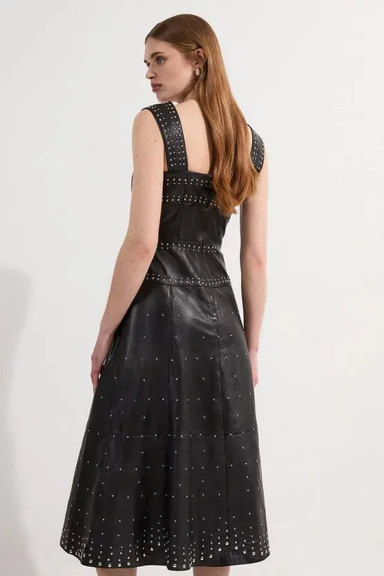 Leather Small Studs Strappy Full Midi Dress