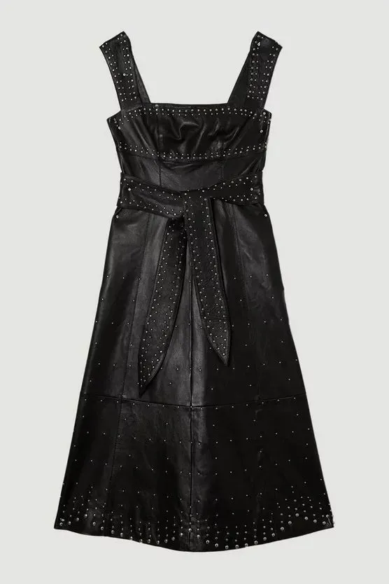 Leather Small Studs Strappy Full Midi Dress