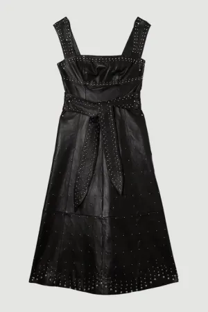 Leather Small Studs Strappy Full Midi Dress