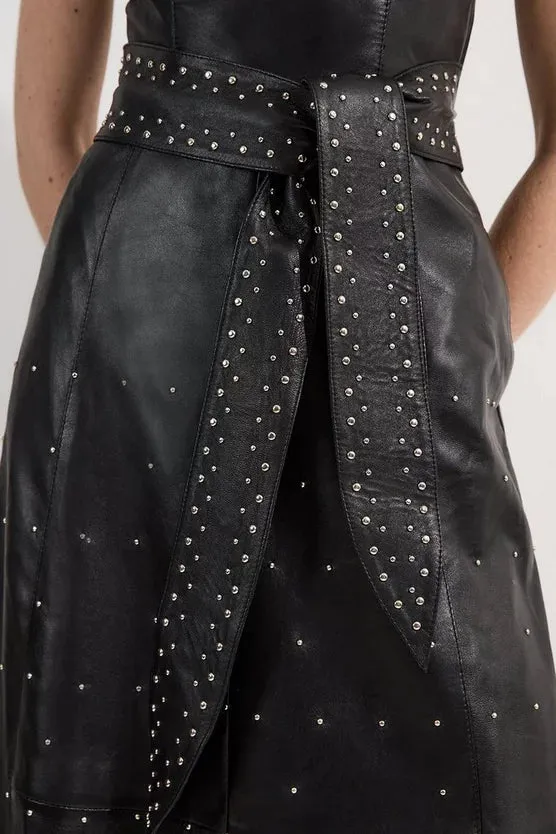 Leather Small Studs Strappy Full Midi Dress