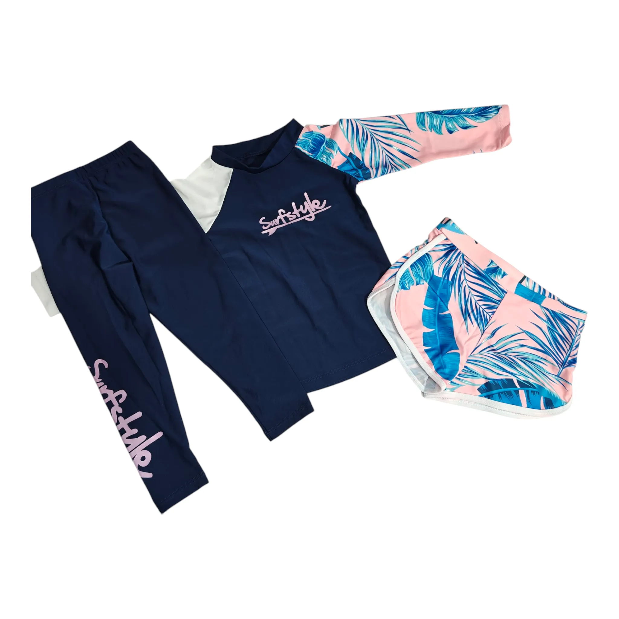 Leaves Printed 3 Piece Swimsuit - Navy