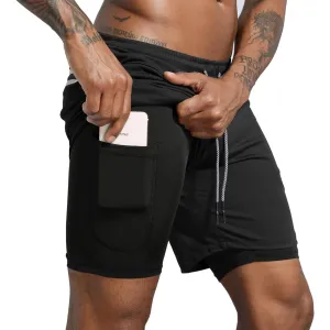 Leidowei Men's 2 in 1 Workout Running Shorts Lightweight Training Yoga Gym 7" Short with Zipper Pockets Black M
