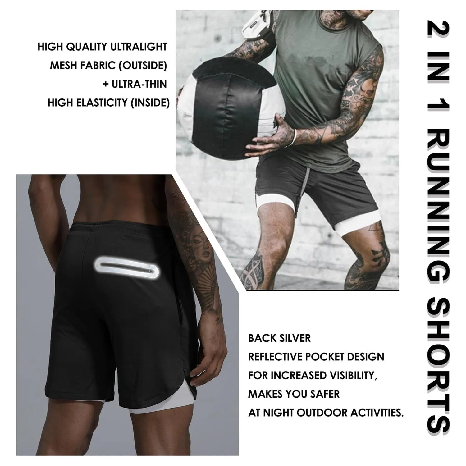 Leidowei Men's 2 in 1 Workout Running Shorts Lightweight Training Yoga Gym 7" Short with Zipper Pockets Black M