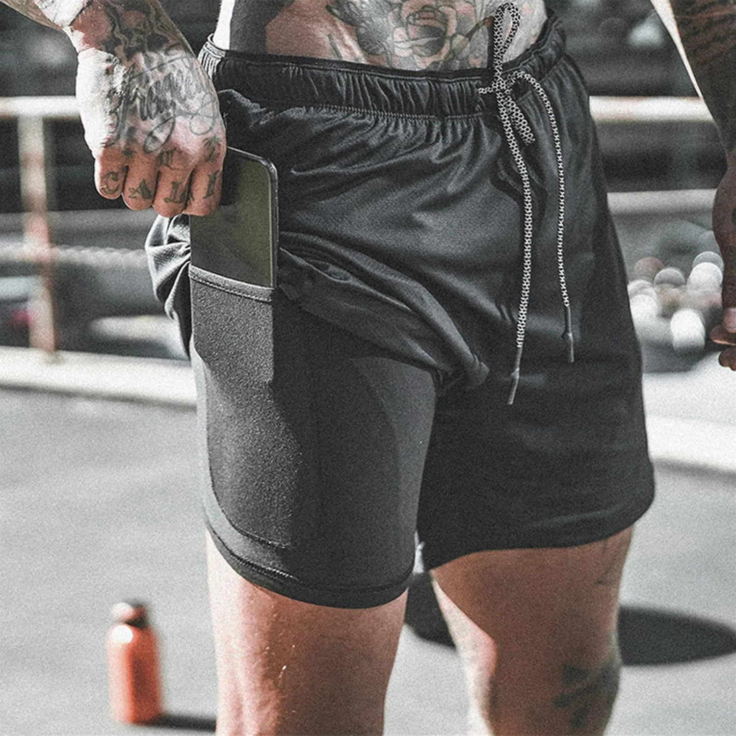 Leidowei Men's 2 in 1 Workout Running Shorts Lightweight Training Yoga Gym 7" Short with Zipper Pockets Black M