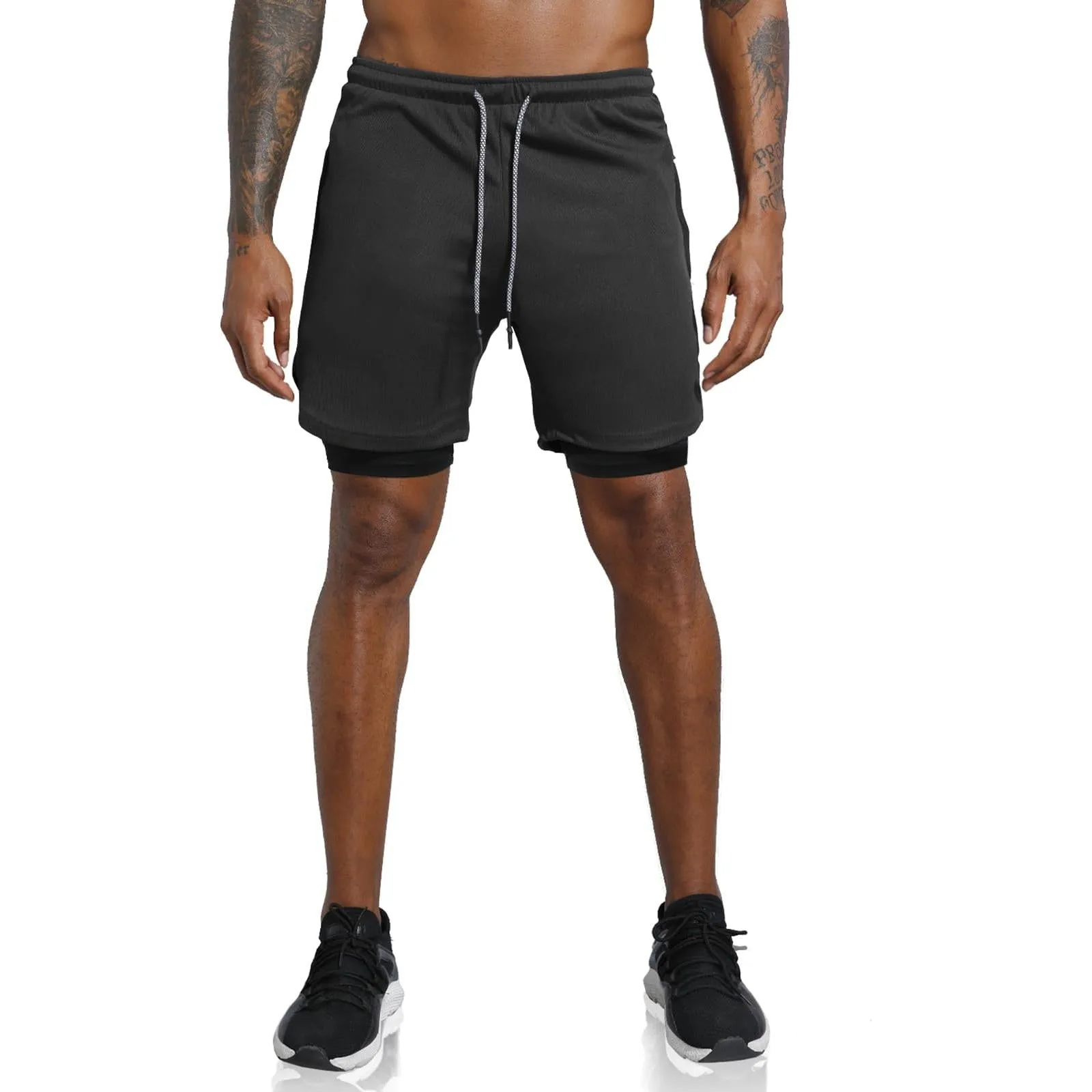 Leidowei Men's 2 in 1 Workout Running Shorts Lightweight Training Yoga Gym 7" Short with Zipper Pockets Black M