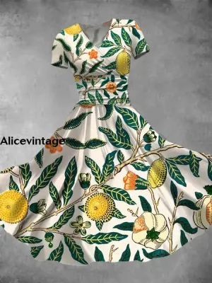 Lemon Art Print V-Neck Short Sleeve Vintage Midi Dress