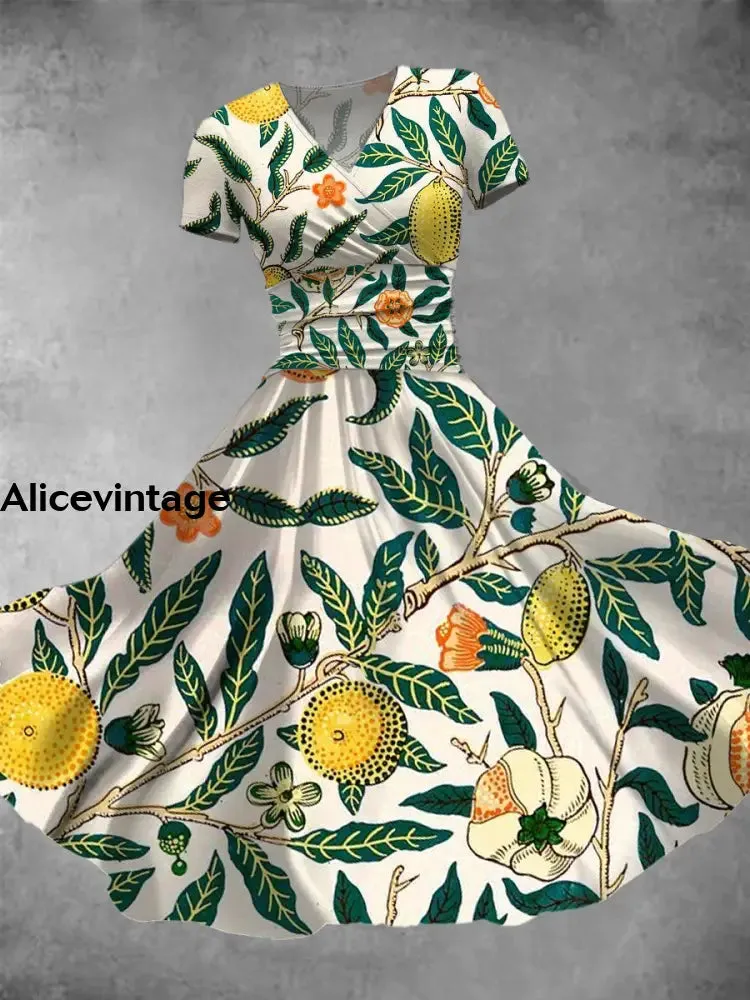 Lemon Art Print V-Neck Short Sleeve Vintage Midi Dress