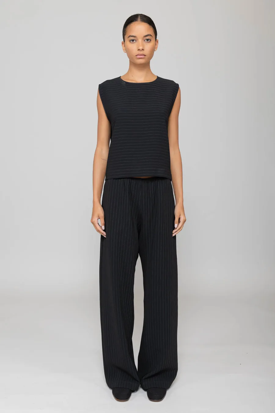 Leset Arielle Sleeveless Crew in Black Pinstripe