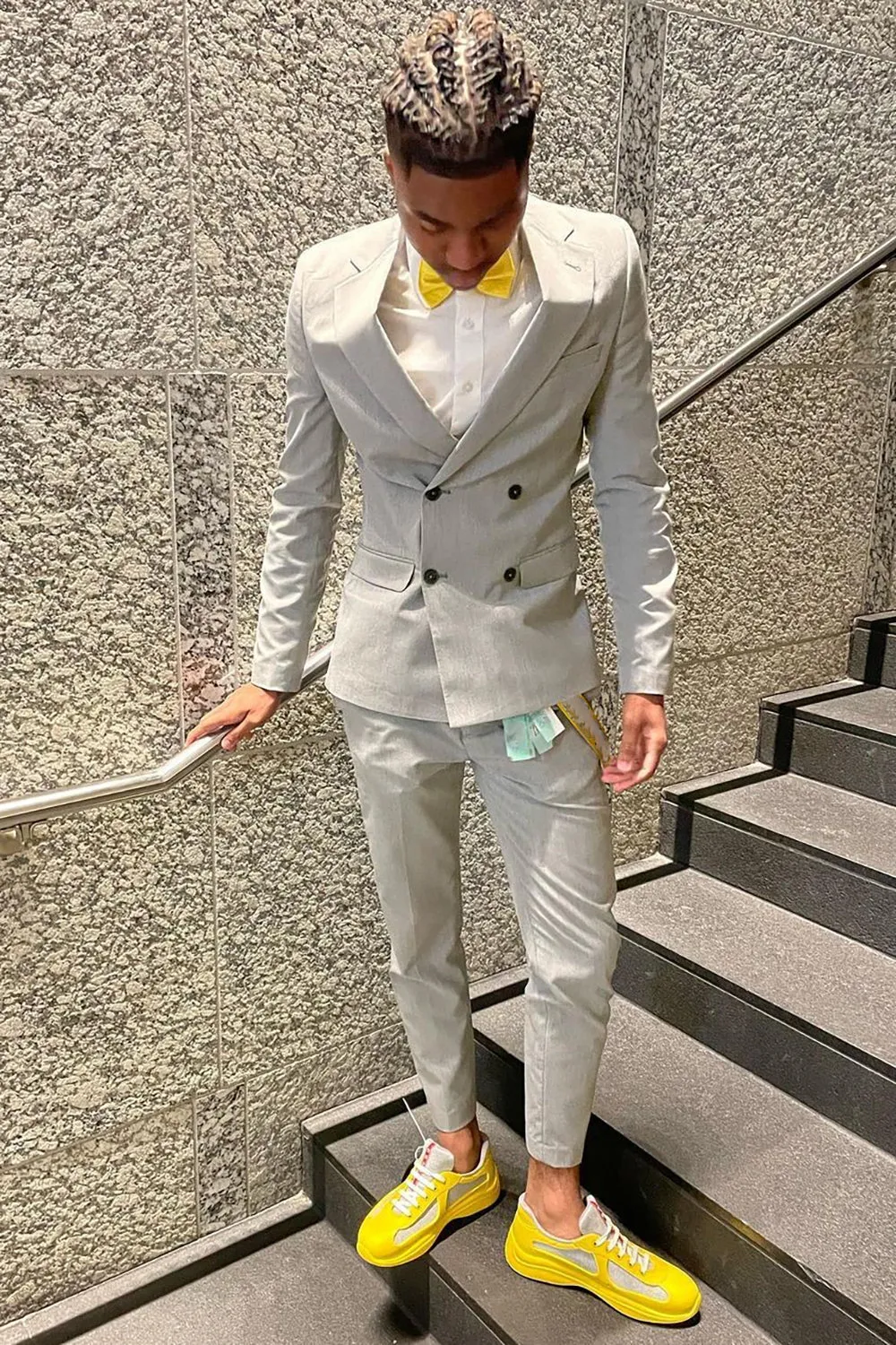 Light Grey Notched Lapel Double Breasted 2 Piece Prom Suits For Men