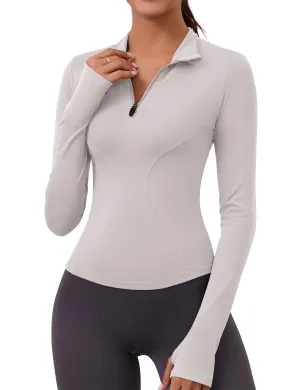 Long Sleeve Workout Shirts Women Dry Fit Seamless Compression Crop Tops 1/2 Zip Pullover Running Gym Clothes(Grey)