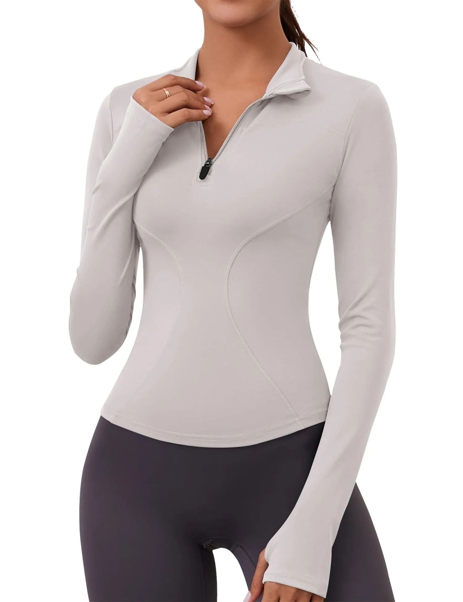 Long Sleeve Workout Shirts Women Dry Fit Seamless Compression Crop Tops 1/2 Zip Pullover Running Gym Clothes(Grey)