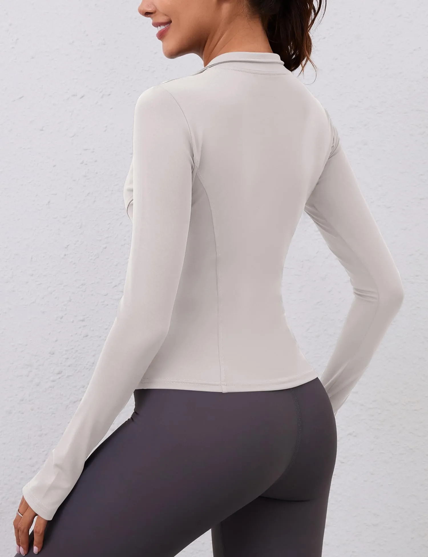 Long Sleeve Workout Shirts Women Dry Fit Seamless Compression Crop Tops 1/2 Zip Pullover Running Gym Clothes(Grey)