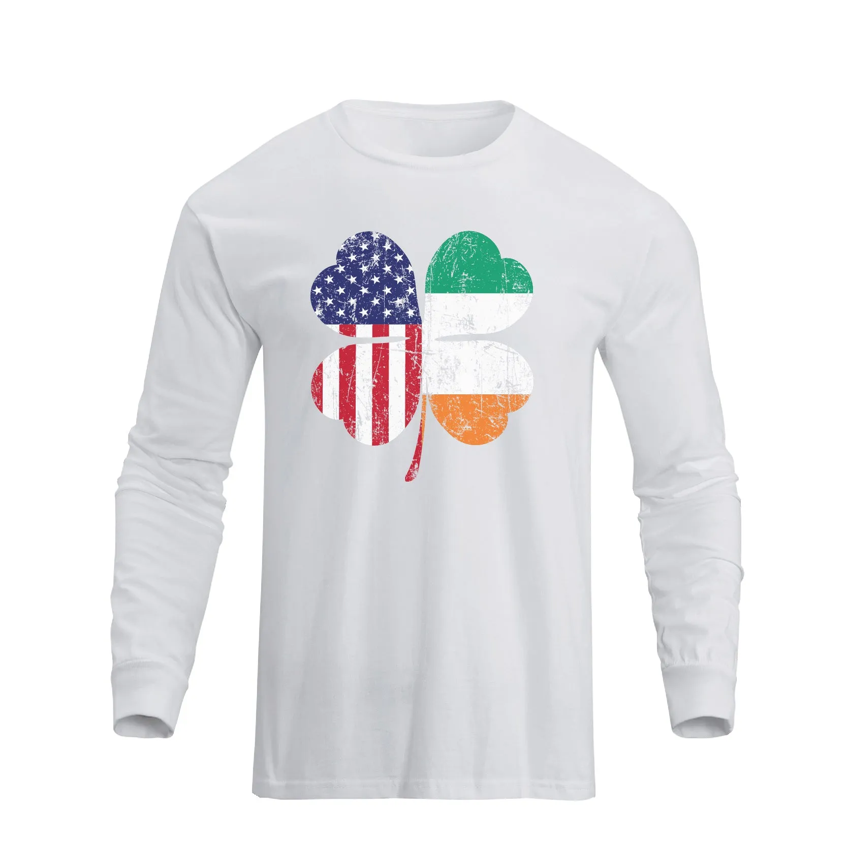 LUCKY SHAMROCK USA FLAG 100% COTTON GRAPHIC LONG SLEEVE T-SHIRT