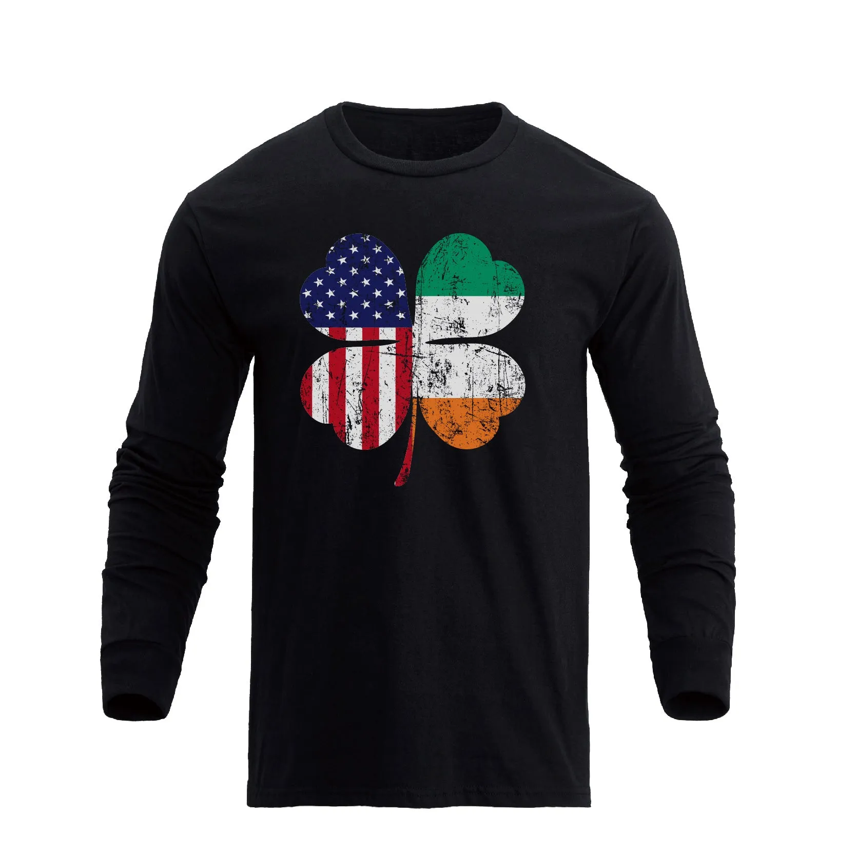 LUCKY SHAMROCK USA FLAG 100% COTTON GRAPHIC LONG SLEEVE T-SHIRT