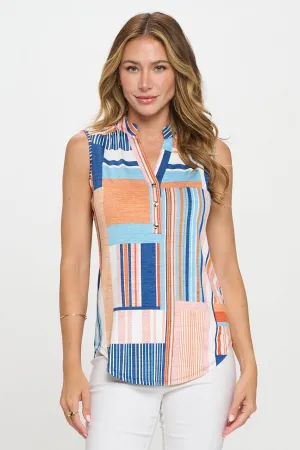 MANDARIN COLLAR V NECK SLEEVELESS SHIRT