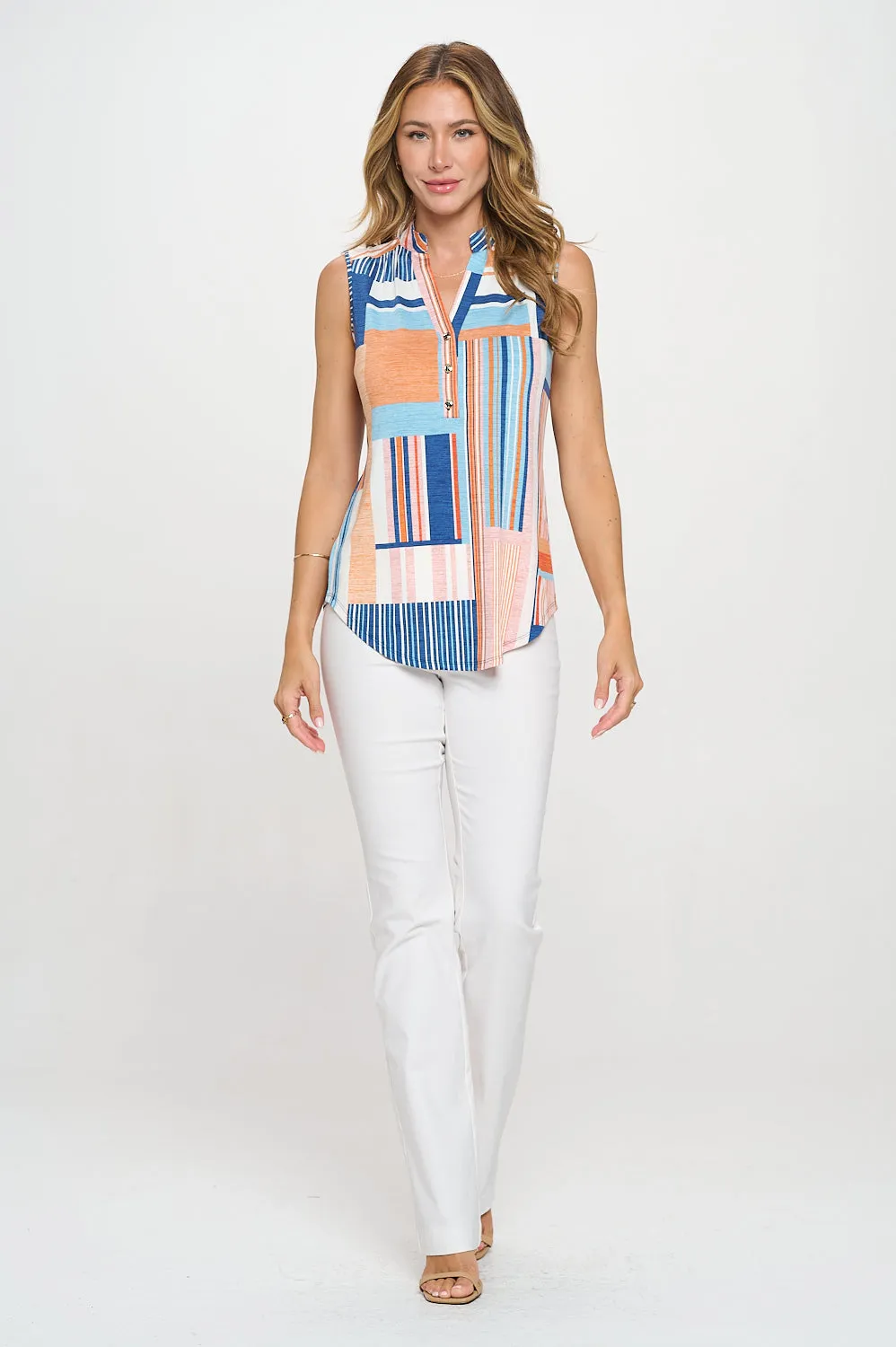 MANDARIN COLLAR V NECK SLEEVELESS SHIRT