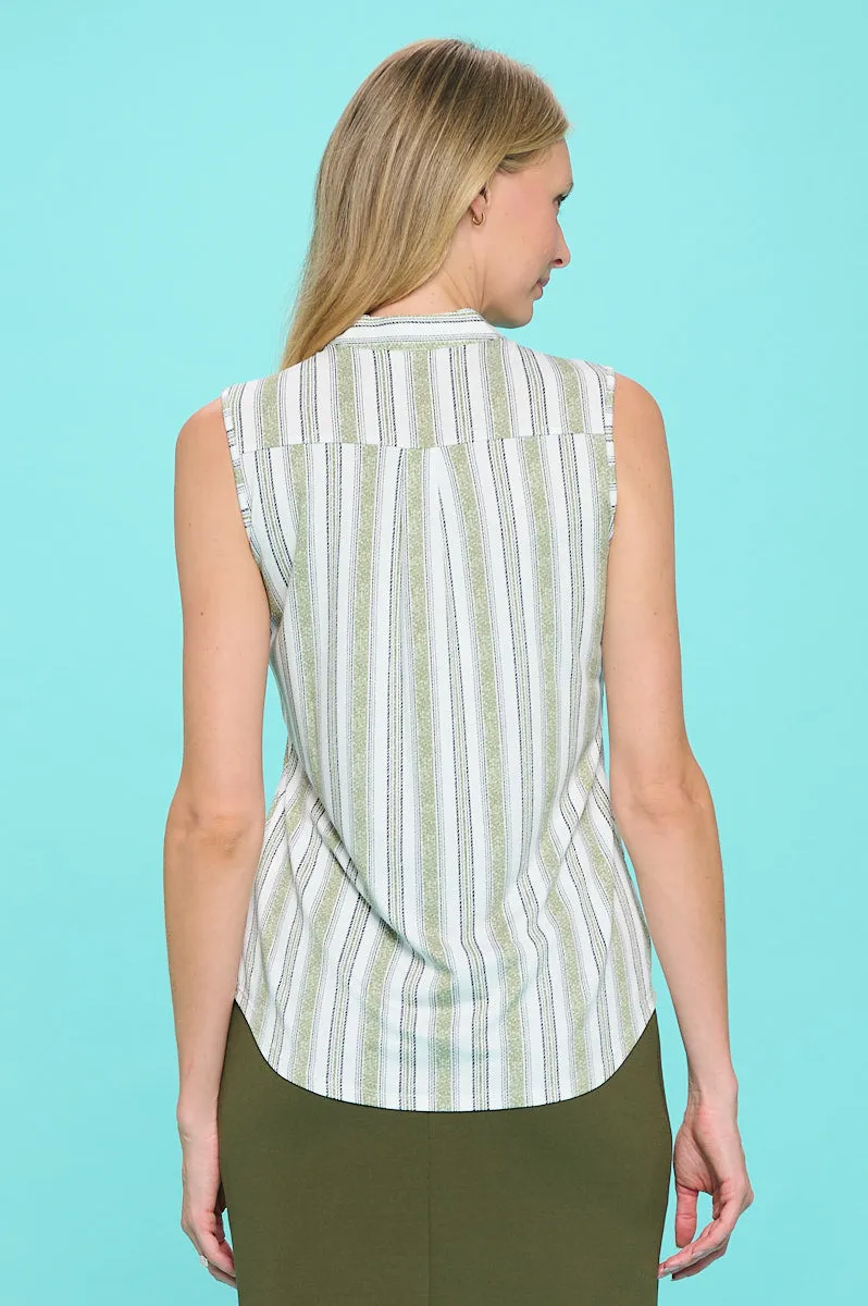 MANDARIN COLLAR V NECK SLEEVELESS SHIRT