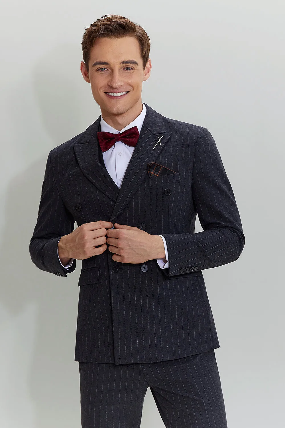 Men's 3 Piece Pinstripe Dark Grey Suit