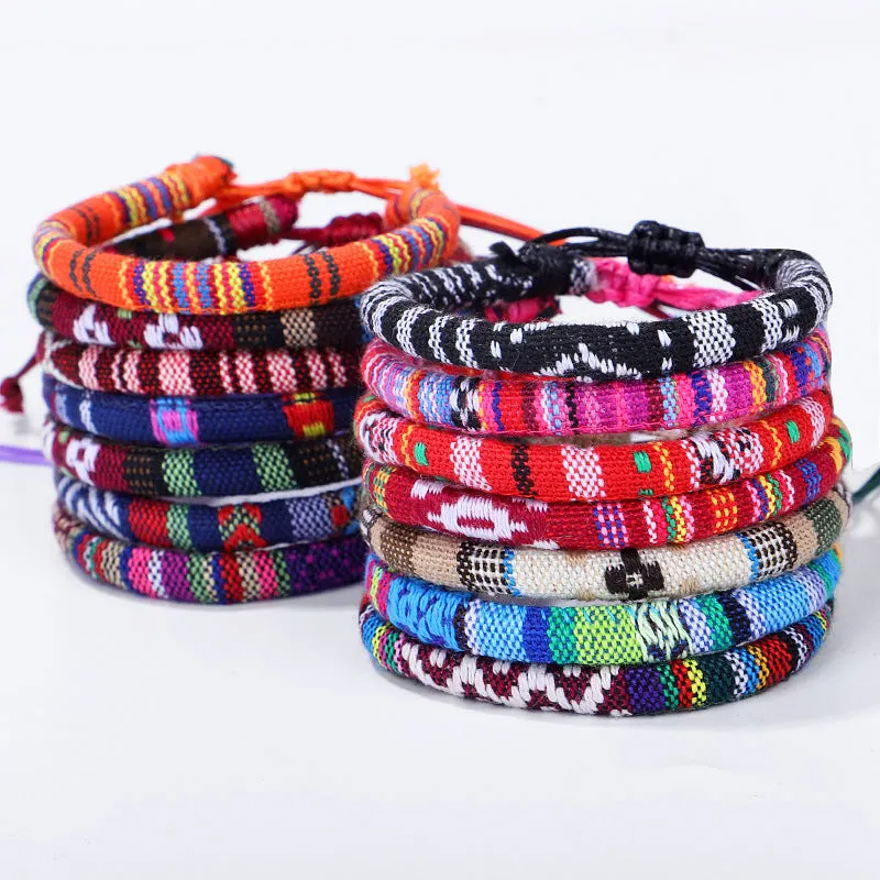 Men's and women's ethnic style colorful cotton rope flower pattern bracelet