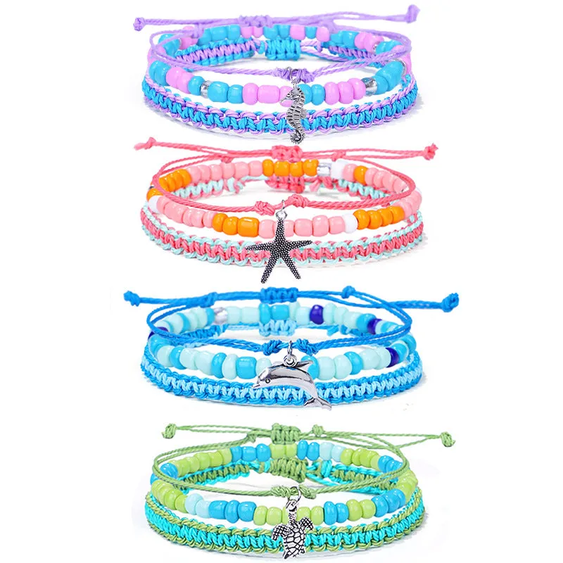 Men's and women's starfish, sea turtle, dolphin, rice bead set bracelet