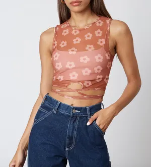 Mesh Flower Tie Sleeveless Crop Top