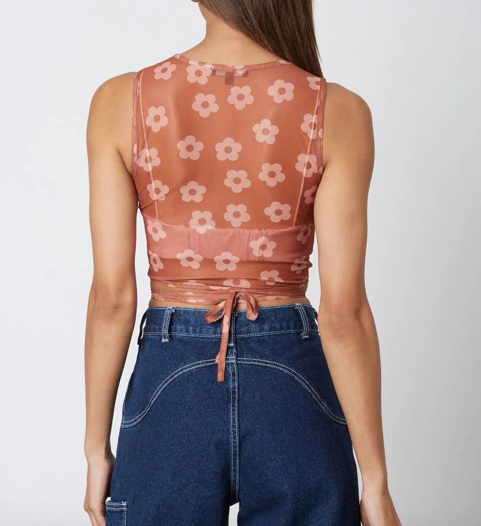 Mesh Flower Tie Sleeveless Crop Top