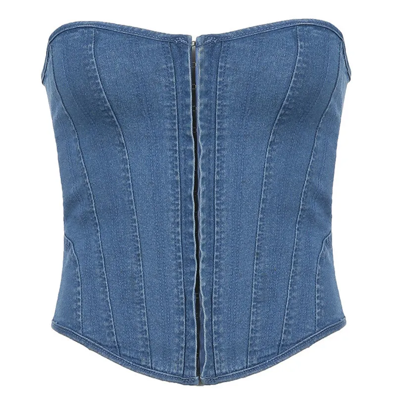 Neck Hook and Eye Lace Up Back Denim Tube Top - Blue
