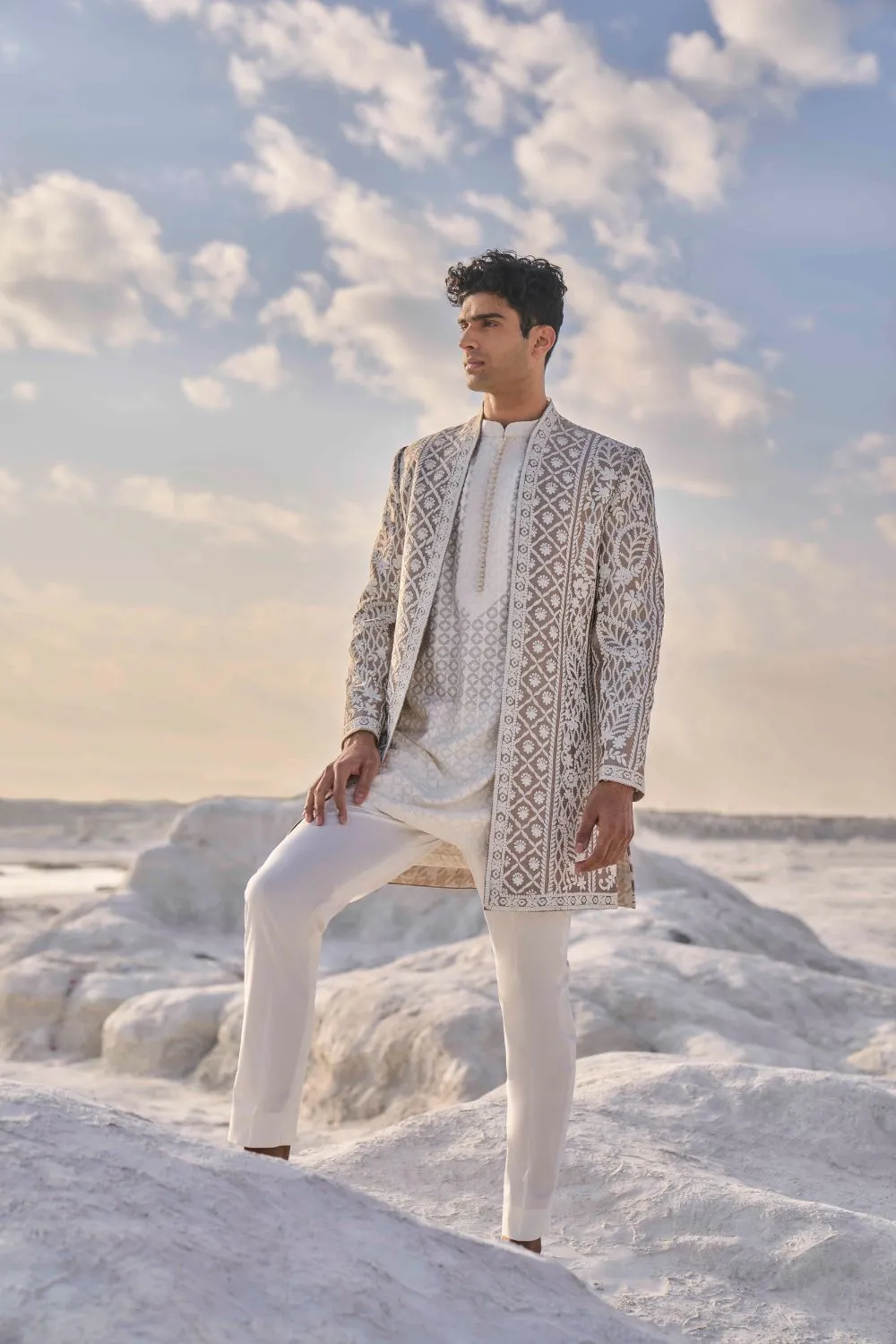 Nude Cream  Open Sherwani Set