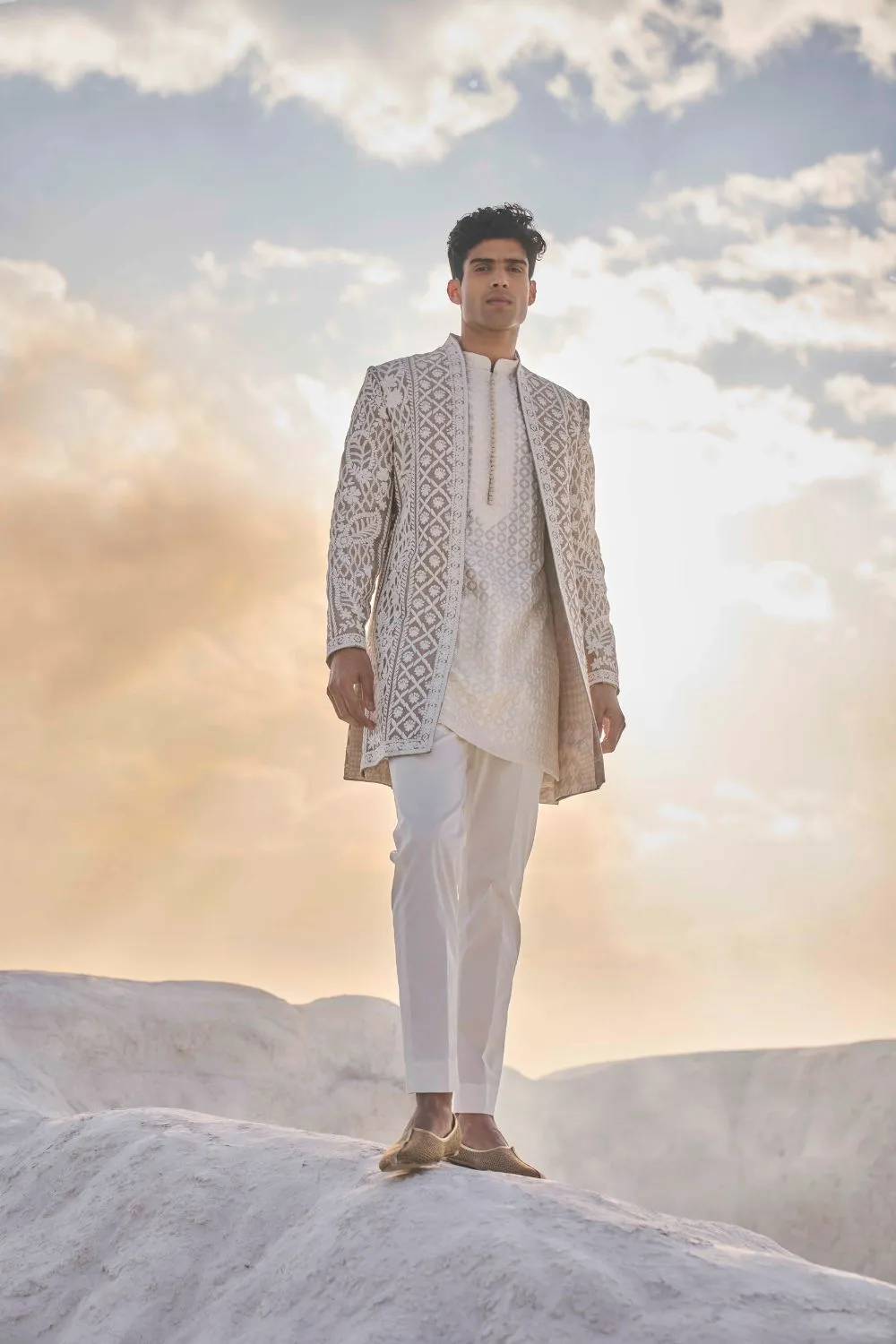 Nude Cream  Open Sherwani Set