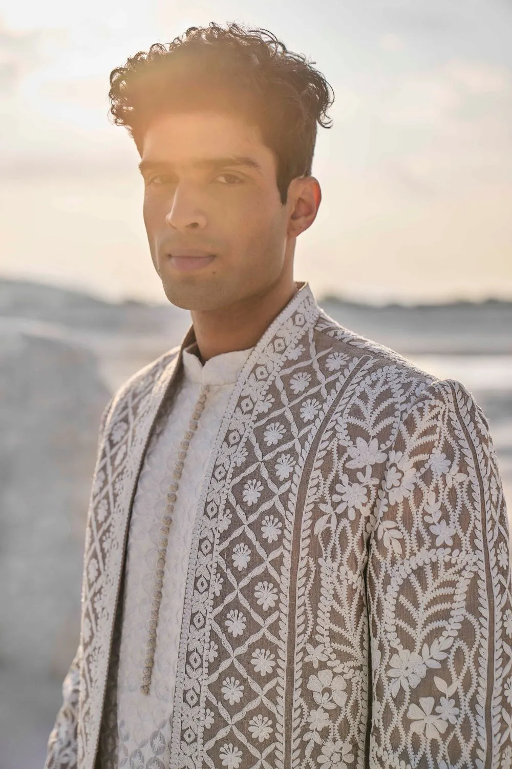 Nude Cream  Open Sherwani Set