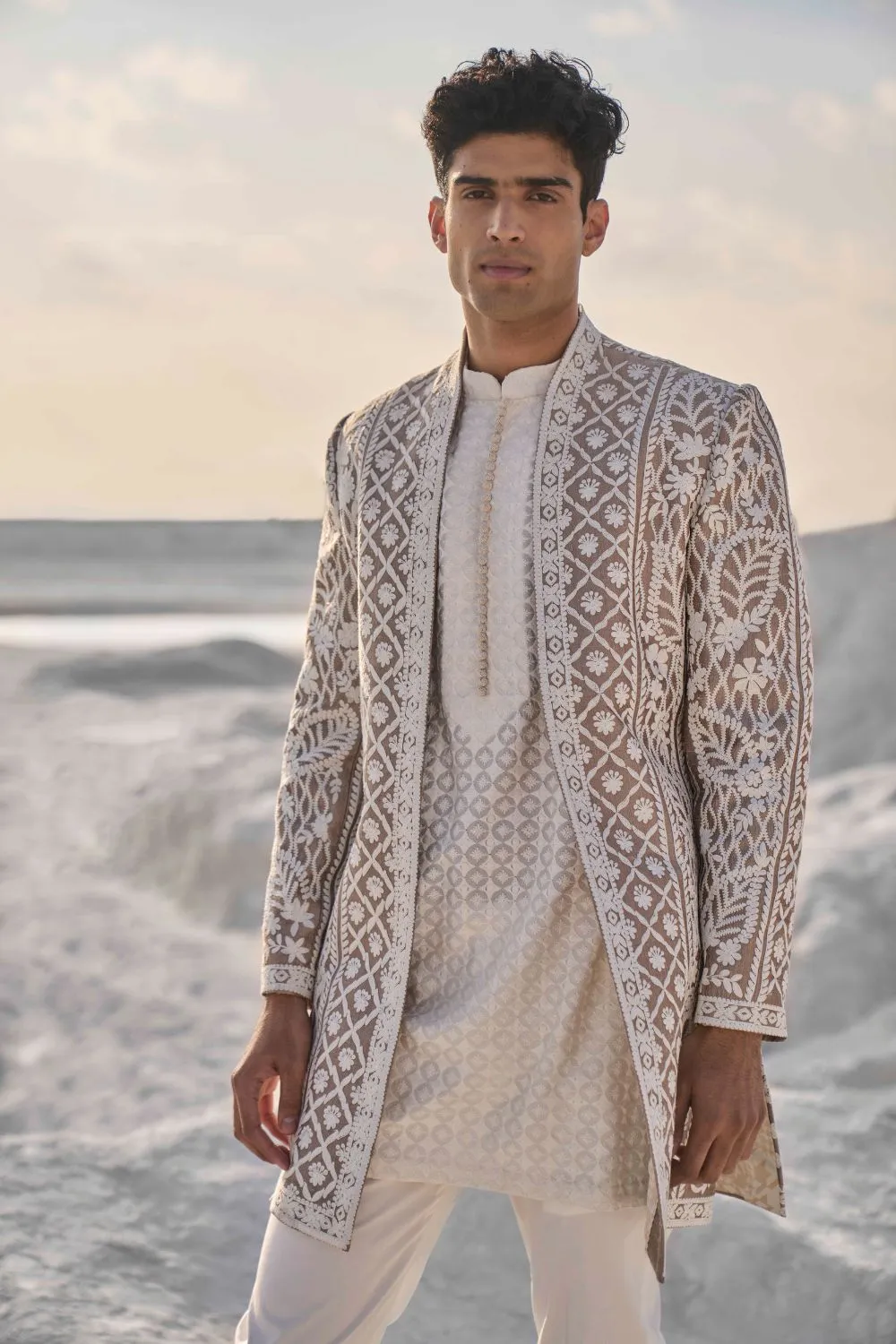 Nude Cream  Open Sherwani Set
