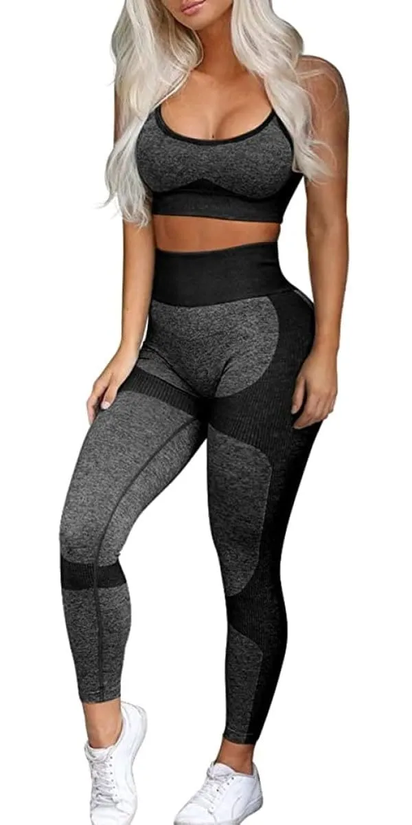 OLCHEE Women’s Workout Sets 2 Piece - Seamless Yoga Leggings and Cross-Strap Sports Bra Gym Outfits Activewear Matching Set - Black