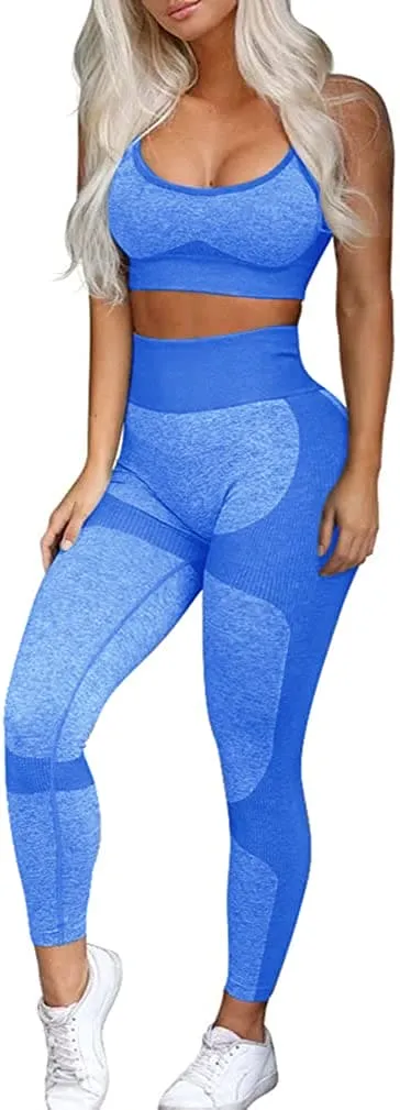 OLCHEE Women’s Workout Sets 2 Piece - Seamless Yoga Leggings and Cross-Strap Sports Bra Gym Outfits Activewear Matching Set - Blue