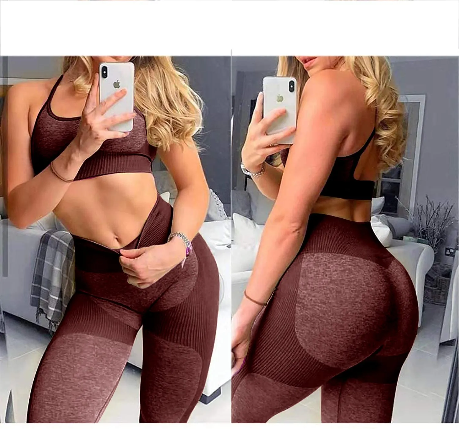OLCHEE Women’s Workout Sets 2 Piece - Seamless Yoga Leggings and Cross-Strap Sports Bra Gym Outfits Activewear Matching Set - Choco