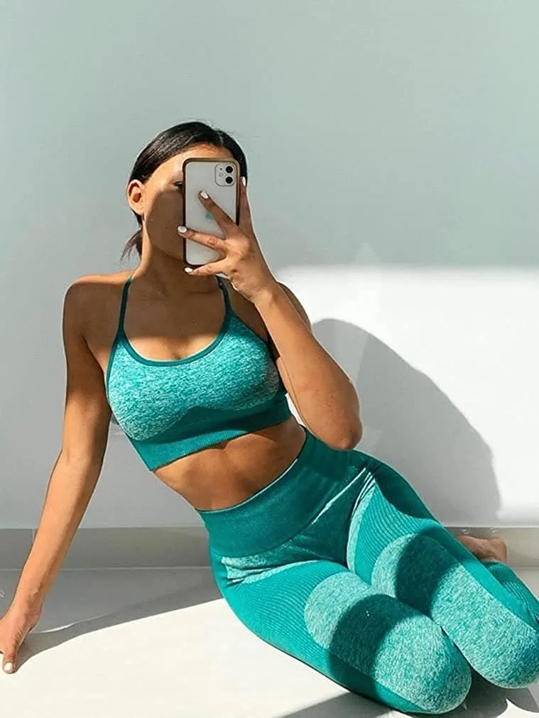 OLCHEE Women’s Workout Sets 2 Piece - Seamless Yoga Leggings and Cross-Strap Sports Bra Gym Outfits Activewear Matching Set - Green