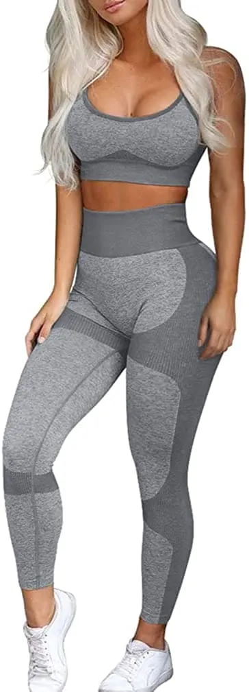 OLCHEE Women’s Workout Sets 2 Piece - Seamless Yoga Leggings and Cross-Strap Sports Bra Gym Outfits Activewear Matching Set - Grey