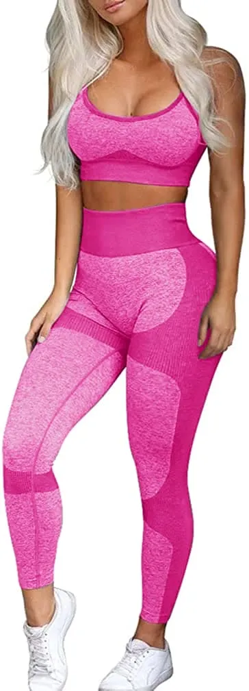OLCHEE Women’s Workout Sets 2 Piece - Seamless Yoga Leggings and Cross-Strap Sports Bra Gym Outfits Activewear Matching Set - Pink