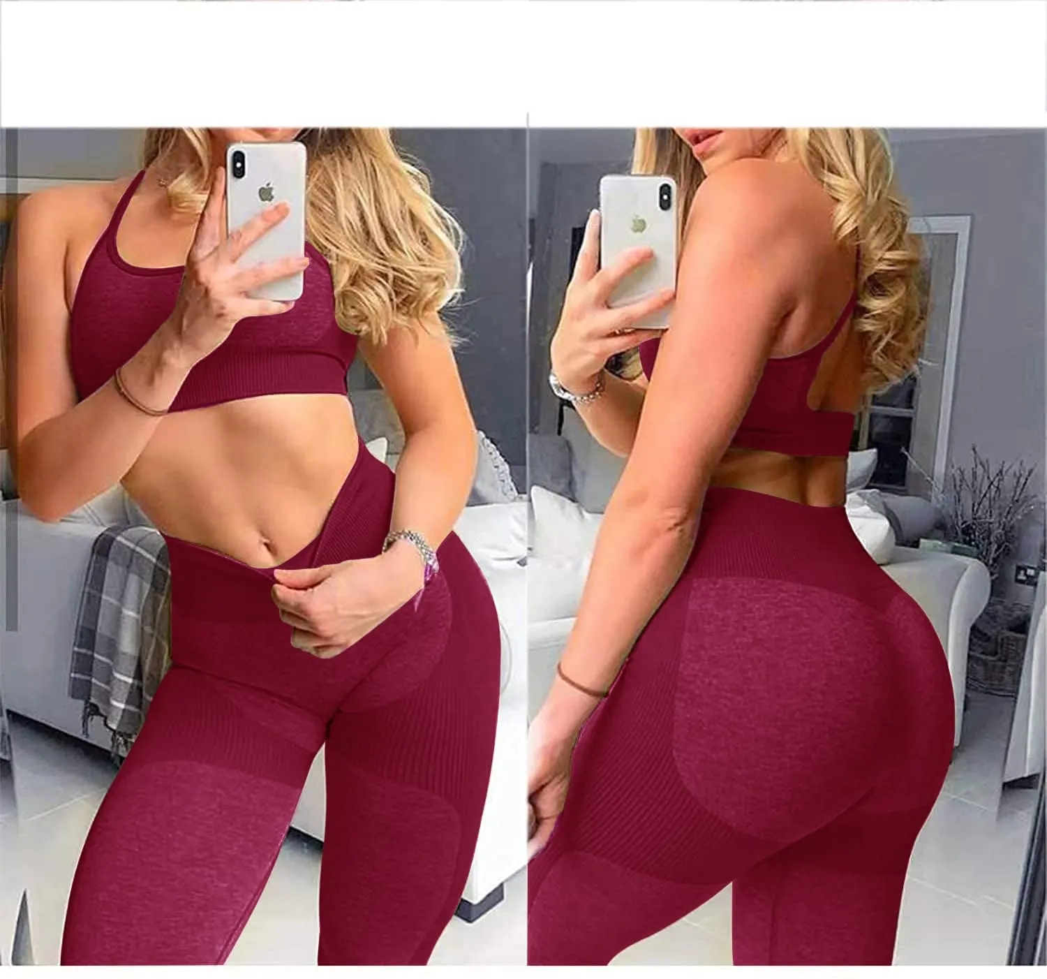 OLCHEE Women’s Workout Sets 2 Piece - Seamless Yoga Leggings and Cross-Strap Sports Bra Gym Outfits Activewear Matching Set - Red