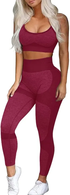 OLCHEE Women’s Workout Sets 2 Piece - Seamless Yoga Leggings and Cross-Strap Sports Bra Gym Outfits Activewear Matching Set - Red