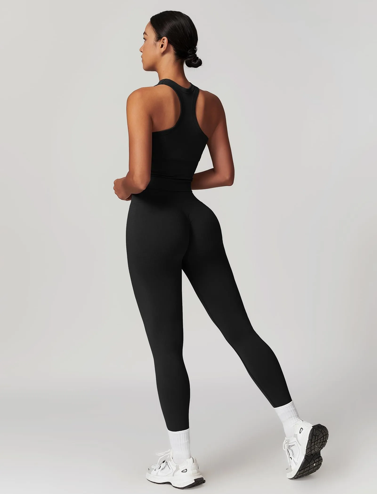 OMEWEE Gym clothes for woman set Racer-back Tank Top and Tummy Control Leggings Yoga sets for women 2 piece Black